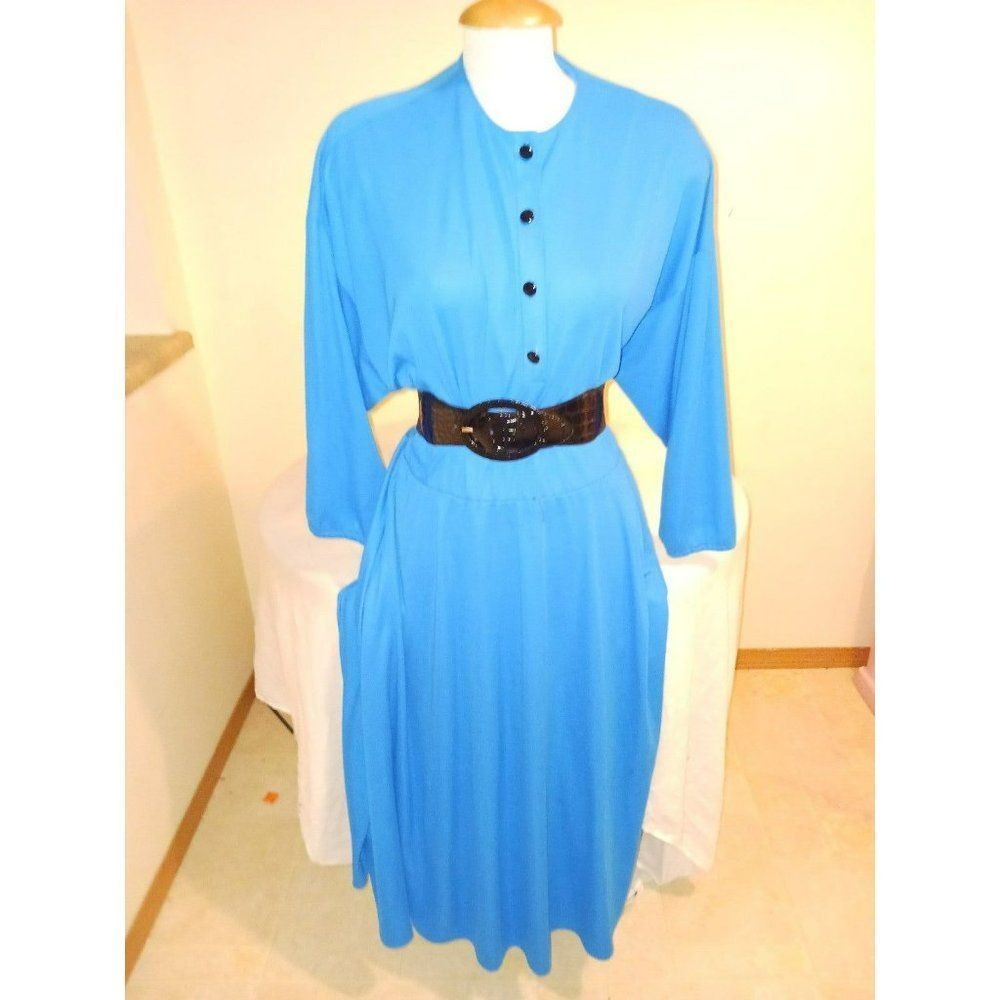 Vintage blue polyester cotton dress with black accent belt large